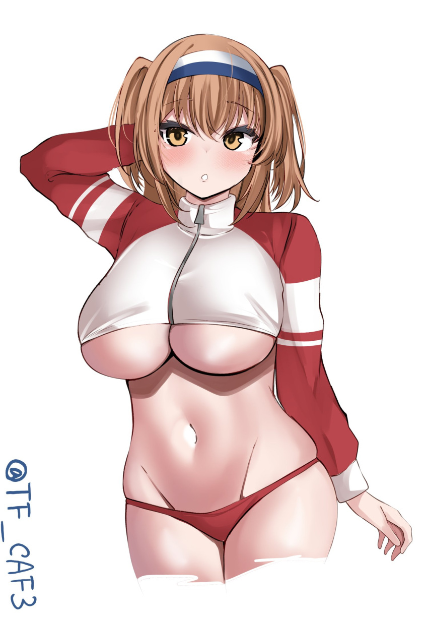 breasts brown_eyes groin hairband highres i-26_(kancolle) jacket kantai_collection large_breasts light_brown_hair medium_hair midriff multicolored_clothes multicolored_jacket navel one-hour_drawing_challenge panties parted_lips red_panties simple_background tf_cafe track_jacket twitter_username two-tone_hairband two-tone_jacket two_side_up underboob underwear white_background