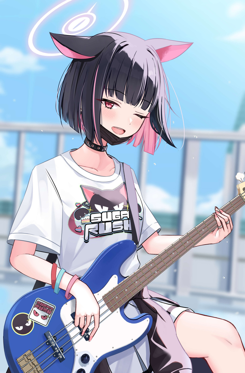 1girl absurdres animal_ears bass_guitar black_choker black_hair black_mask blue_archive blush cat_ears choker colored_inner_hair extra_ears fender_jazz_bass highres instrument kazusa_(blue_archive) mask mouth_mask multicolored_hair official_alternate_costume one_eye_closed open_mouth pink_hair red_eyes short_hair smile solo surgical_mask wasi