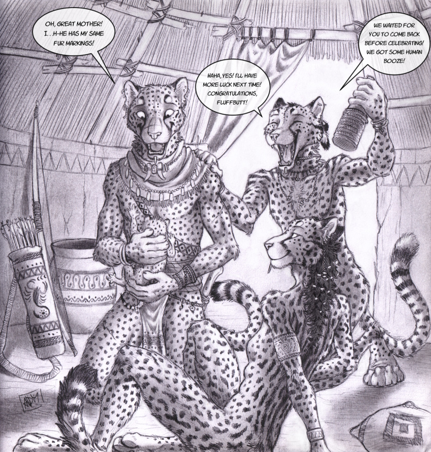 0laffson 2023 alcohol anthro armlet arrow_(weapon) beverage bottle bottomwear bow_(weapon) bracelet cheetah clothing container curtains dialogue ear_piercing eyes_closed family fantasy father felid feline female graphite_(artwork) group hair_beads hand_on_shoulder hi_res holding_another holding_baby holding_bottle holding_container holding_object hut inside jar jewelry king_cheetah kneeling light loincloth looking_down_at_another looking_up_at_partner male mammal markings mother necklace nude parent pencil_(artwork) piercing pillow quiver ranged_weapon scarf signature sitting speech_bubble spots spotted_body striped_body striped_markings striped_tail stripes sunlight tail tail_markings traditional_media_(artwork) tribal weapon
