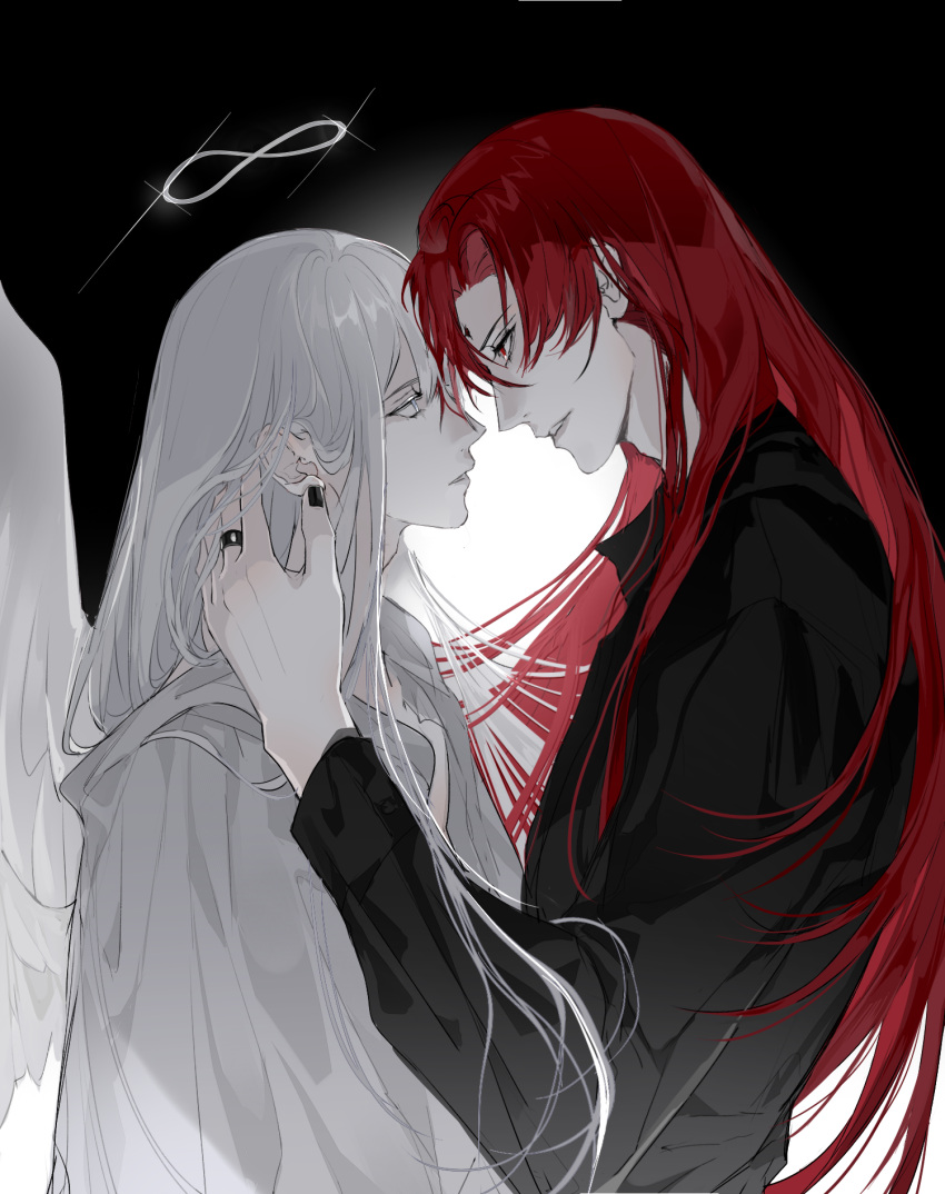 2boys androgynous angel_wings black_background black_nails black_shirt curtained_hair eye_contact face-to-face facial_mark forehead_mark from_side grey_eyes hair_tucking halo hand_in_another's_hair highres infinity_symbol intertwined_hair jewelry long_hair long_sleeves looking_at_another lord_of_the_mysteries male_focus medici_(lord_of_the_mysteries) multiple_boys nail_polish ouroboros_(lord_of_the_mysteries) parted_lips profile red_eyes red_hair ring robe shirt smile tknife two-tone_background upper_body white_background white_hair white_robe white_wings wings