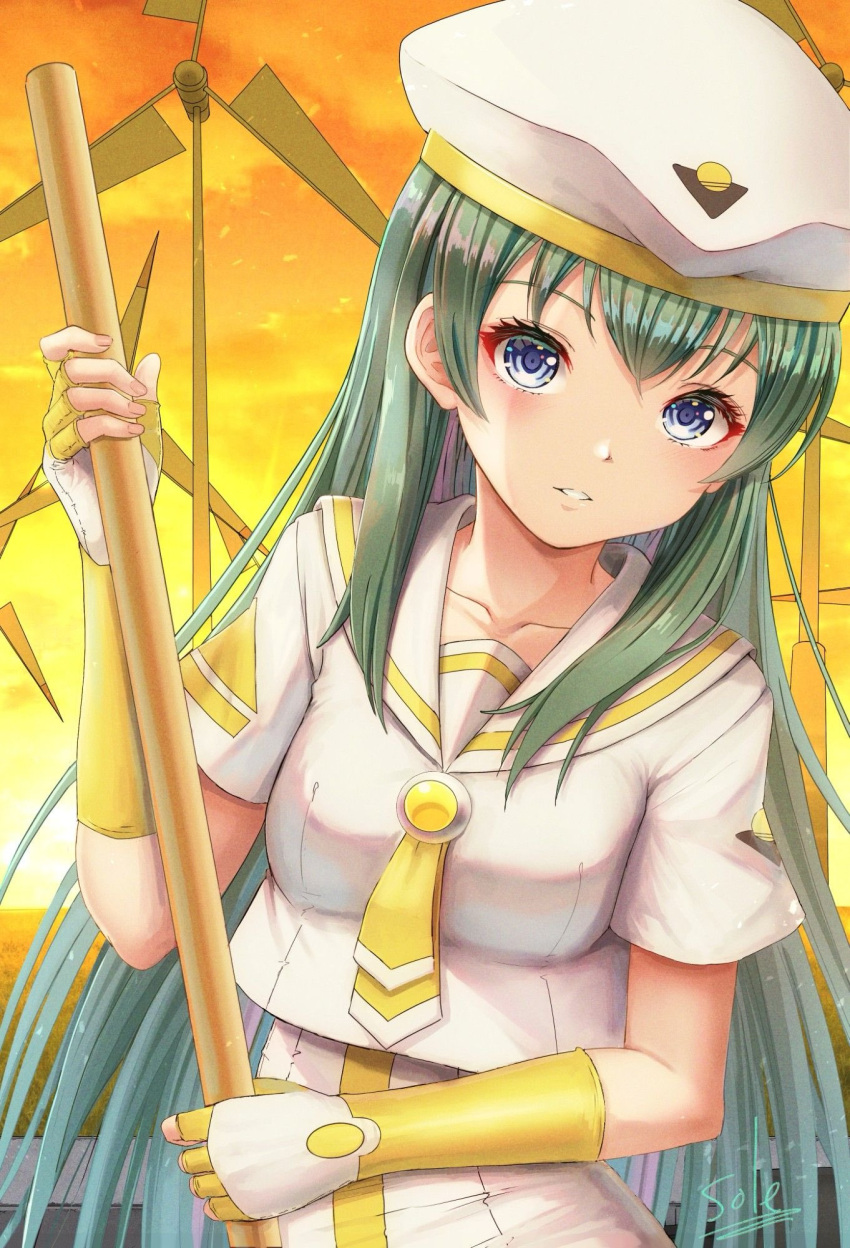 1girl alice_carroll aqua_hair aria_(manga) beret blue_eyes breasts collarbone commentary_request crossed_bangs dress eyelashes fingerless_gloves gloves gradient_hair green_hair hat highres holding holding_oar medium_breasts multicolored_hair necktie oar orange_planet_uniform orange_sky parted_lips sailor_collar short_sleeves sky solo telaform upper_body white_dress white_headwear wind_turbine yellow_gloves yellow_necktie