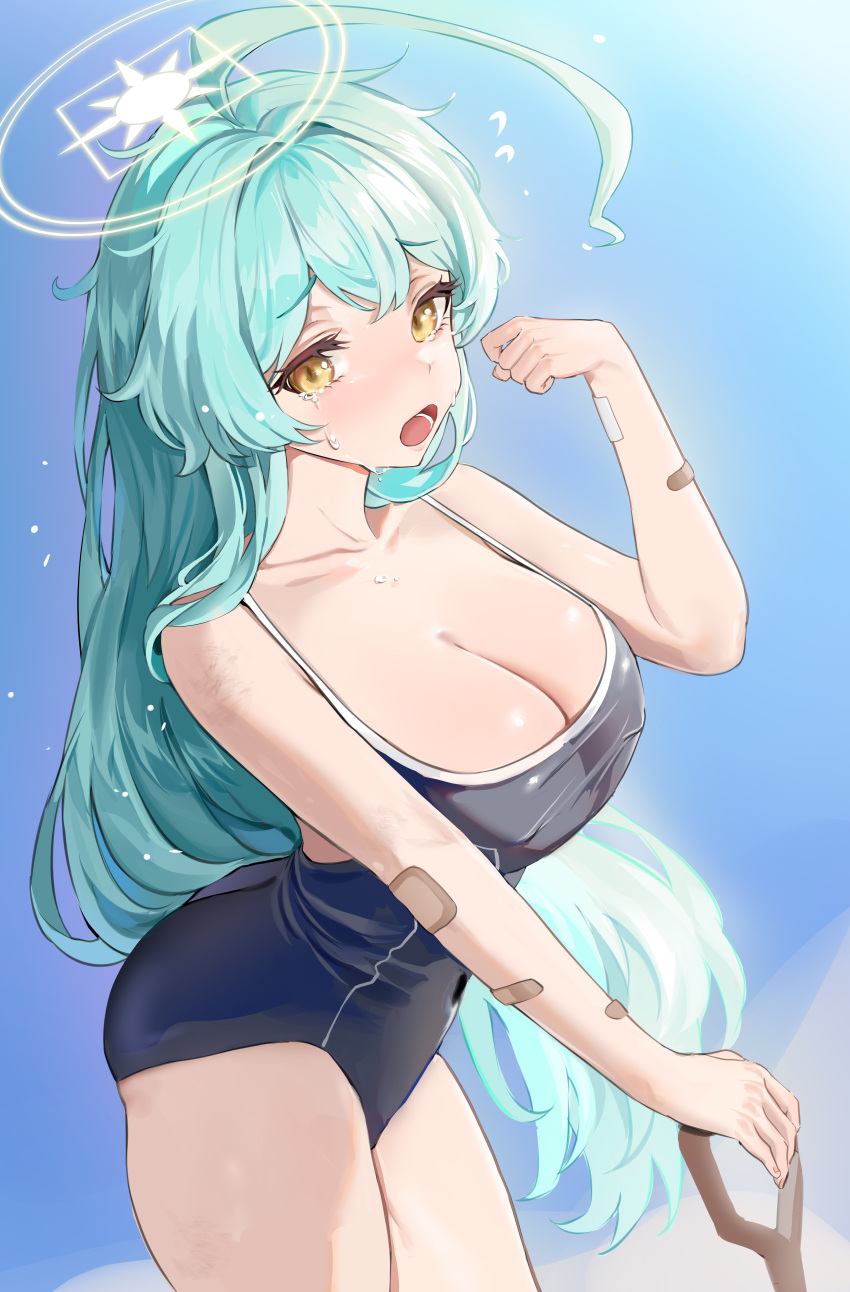 1girl absurdres abydos_high_school_swimsuit ahoge aqua_hair bandaid bandaid_on_arm black_one-piece_swimsuit blue_archive blue_sky breasts cleavage cowboy_shot halo hand_up highres large_breasts long_hair one-piece_swimsuit open_mouth outdoors sky solo swimsuit tearing_up xu_wen_(bbb2822828) yellow_eyes yellow_halo yume_(blue_archive)
