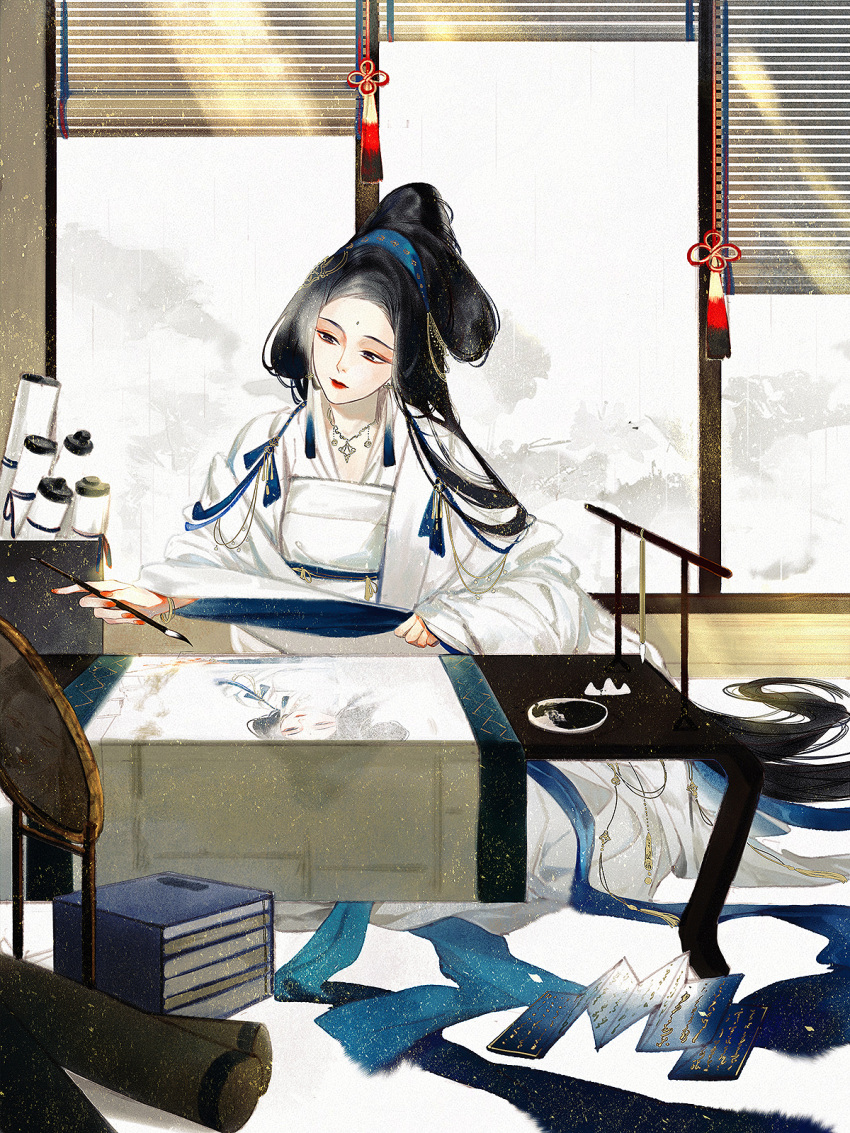 1girl black_hair blue_theme book book_stack bracelet chinese_clothes chinese_commentary earrings facial_mark forehead_mark hair_bun half_updo hand_mirror hanfu highres holding_calligraphy_brush indian_style indoors jewelry lipstick long_hair long_sleeves makeup mirror necklace one_eye_closed original paintbrush_rack qfc-kiyoi rain red_lips robe scroll sitting solo table tassel tassel_earrings very_long_hair white_robe window window_blinds writing
