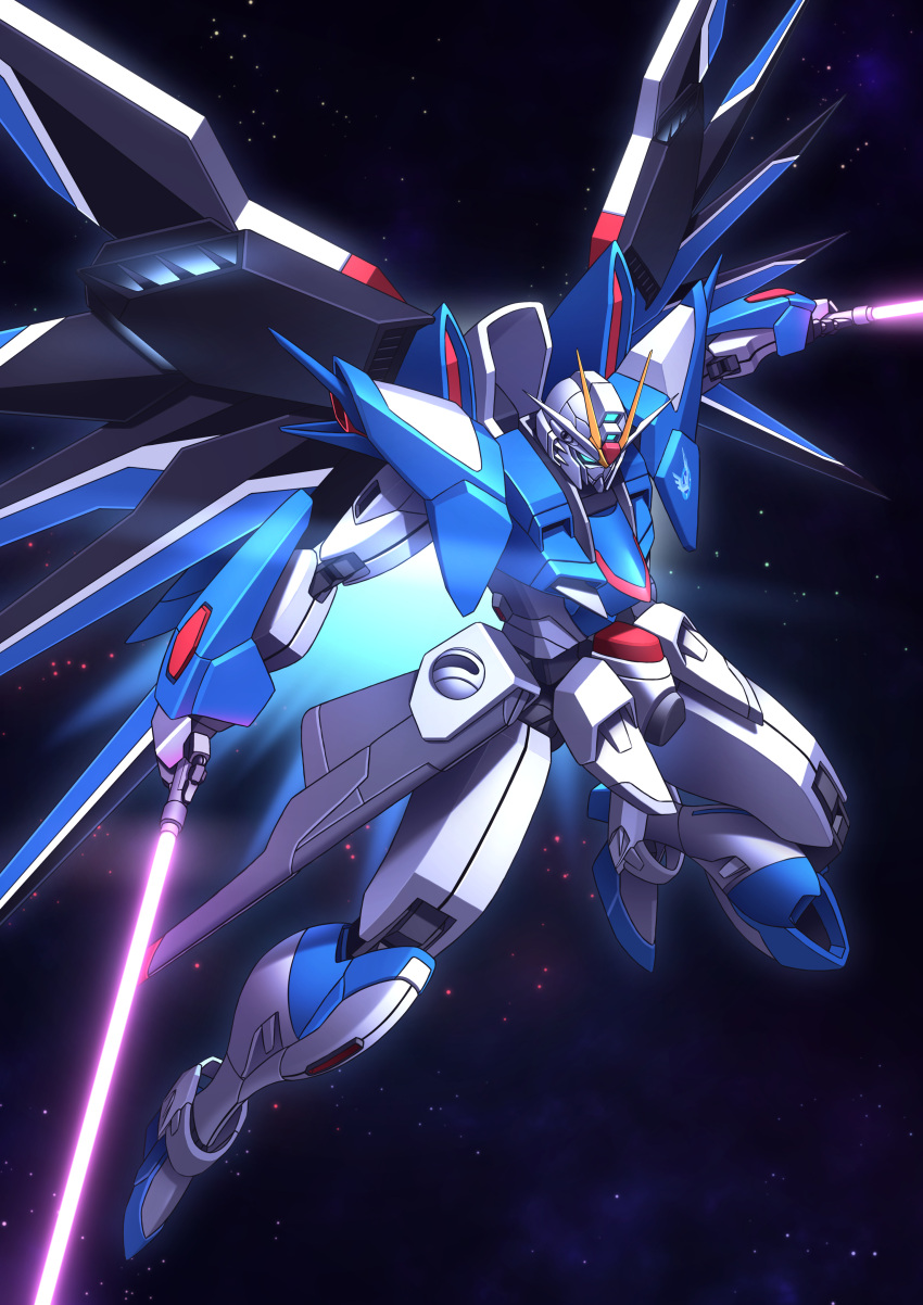 absurdres beam_saber blue_eyes commentary_request dual_wielding exhaust flying gundam gundam_seed gundam_seed_freedom highres holding holding_sword holding_weapon insignia ka_ki_o legs_apart mecha mecha_focus mechanical_wings mobile_suit no_humans outstretched_arms rising_freedom_gundam robot science_fiction solo space spread_arms star_(sky) sword v-fin weapon wings