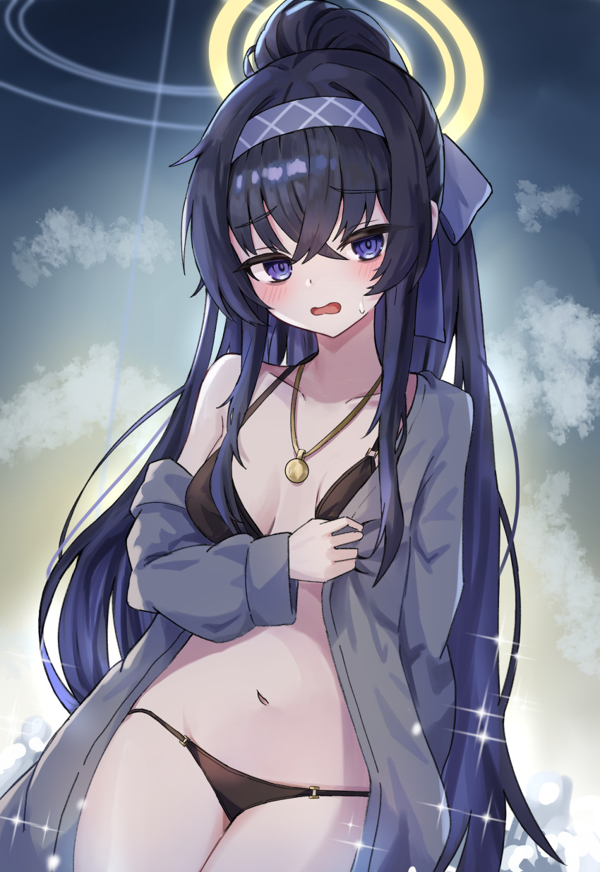 1girl absurdres bikini black_bikini black_hair blue_archive blush breasts cardigan collarbone crossed_bangs grey_cardigan groin halo highres kaminose_(user_veum4325) long_hair looking_at_viewer medium_breasts navel official_alternate_costume purple_eyes single_bare_shoulder solo sparkle stomach sweat swimsuit ui_(blue_archive) ui_(swimsuit)_(blue_archive) very_long_hair