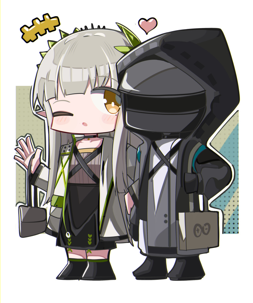 +++ 1girl 1other ;o arknights bag black_choker black_footwear black_jacket black_skirt blush_stickers brown_shirt chibi choker doctor_(arknights) handbag heart highres hood hood_up hooded_jacket infinity_symbol jacket muelsyse_(arknights) one_eye_closed open_clothes open_jacket outline parted_lips pointy_ears shirt shoes shoulder_bag skirt spam_(spamham4506) white_jacket white_outline white_shirt