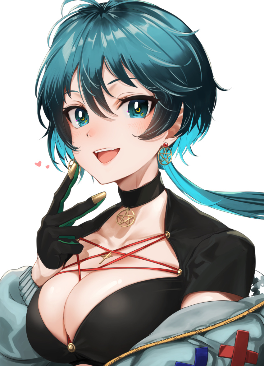 1girl ayamo_kaoru black_choker black_gloves black_shirt borrowed_character breasts choker cleavage commentary_request earrings gloves green_eyes green_hair hair_between_eyes heart highres jewelry long_hair open_clothes original ponytail shirt simple_background smile solo teeth tongue upper_body upper_teeth_only white_background