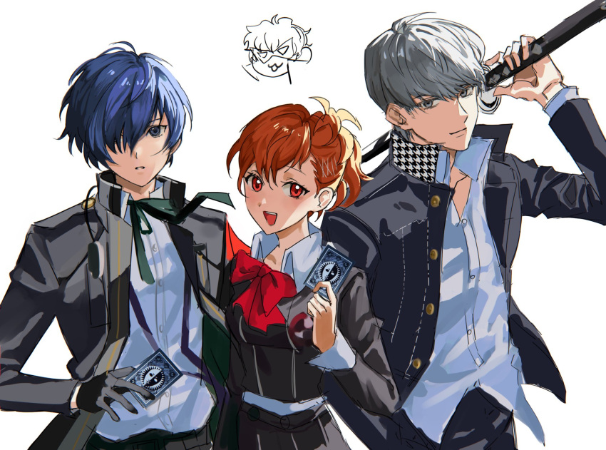 1girl 3boys amamiya_ren black_gloves black_jacket blue_eyes blue_hair bow bowtie brown_hair closed_mouth collared_shirt gekkoukan_high_school_uniform gloves grey_eyes grey_hair hair_over_one_eye highres holding holding_weapon jacket joowon_(jju_oon) long_sleeves multiple_boys narukami_yuu open_mouth persona persona_3 persona_3_portable persona_4 persona_5 red_eyes school_uniform shiomi_kotone shirogane_naoto shirt simple_background weapon white_background white_shirt yasogami_school_uniform