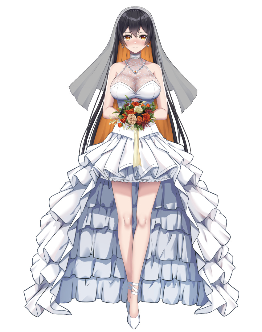 1girl absurdres bad_link bridal_veil brown_eyes brown_hair dress flower high_heels highres holding holding_flower legs levy_(comradlevy) long_hair looking_at_viewer monero-chan multicolored_hair orange_hair original solo tachi-e transparent_background veil very_long_hair wedding_dress white_dress