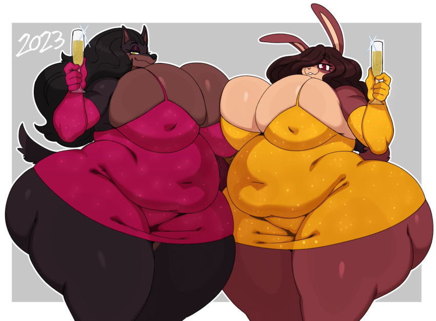 alcohol anthro arm_length_gloves armwear bedroom_eyes belly beverage big_belly big_breasts big_butt black_hair breast_squish breast_to_breast breasts breasts_frottage brown_body brown_ears brown_fur brown_hair brown_tail butt canid canine canis champagne champagne_glass cleavage cleavage_overflow clothed clothing dobermann domestic_dog dress duo eyeshadow female fur glistening glistening_body glistening_breasts glistening_clothing glistening_dress glistening_fur glistening_thighs gloves hair handwear hi_res huge_breasts huge_butt huge_hips huge_thighs lagomorph laverne_(sssonic2) leporid makeup mammal mature_female muffin_top multicolored_body multicolored_fur narrowed_eyes navel_outline nipple_outline overweight overweight_female pinscher purple_eyeshadow rabbit red_clothing red_dress red_eyes seductive short_dress squish sssonic2 tail tan_body tan_ears tan_fur thick_thighs tight_clothing tight_dress two_tone_body two_tone_fur yellow_clothing yellow_dress yellow_eyes