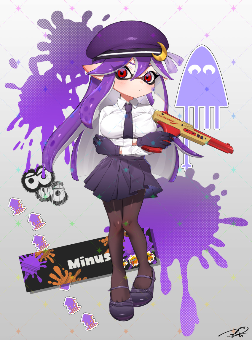 1girl blush breasts closed_mouth commentary commission eyelashes full_body gloves gradient_background grey_background gun highres holding holding_gun holding_weapon inkling_girl inkling_player_character large_breasts long_hair n-zap_(splatoon) necktie paint_splatter pantyhose pleated_skirt pointy_ears puchiman purple_footwear purple_gloves purple_hair purple_headwear purple_necktie purple_skirt purple_theme red_eyes shirt simple_background skirt solo splatoon_(series) splatoon_3 standing tentacle_hair weapon white_shirt