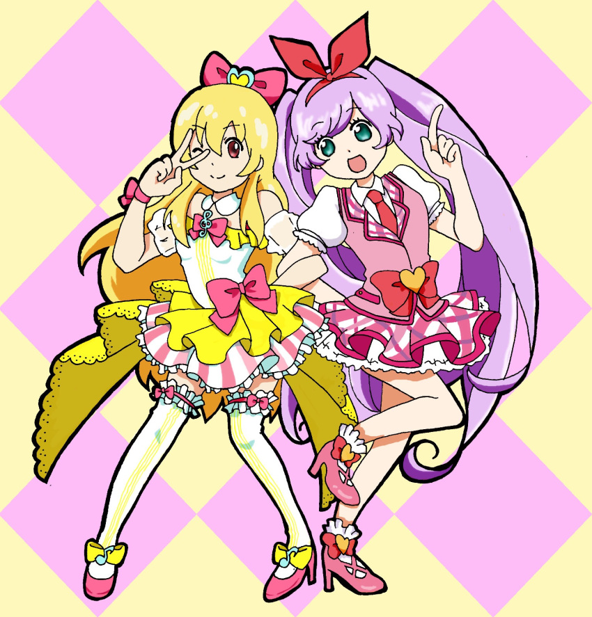 2girls ;p aikatsu! aikatsu!_(series) blonde_hair cosplay costume_change costume_switch crossover dress green_eyes hairband highres hoshimiya_ichigo idol kashikoma! manaka_lala multiple_girls one_eye_closed pretty_(series) prikatsu! pripara purple_hair red_hairband ribbon tongue tongue_out twintails