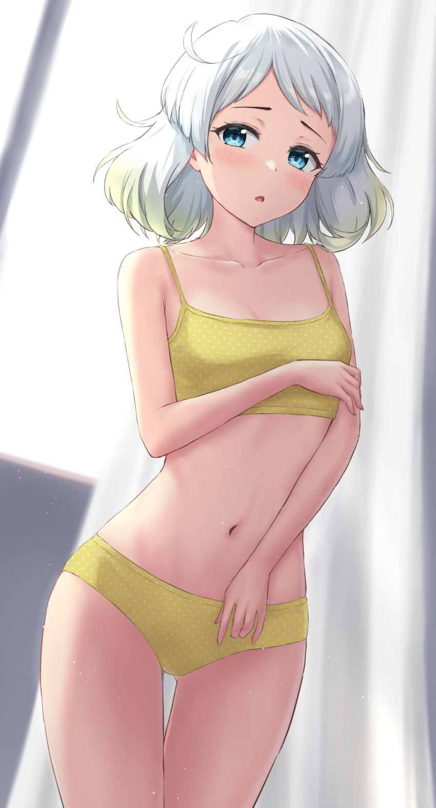 1girl absurdres ass_visible_through_thighs blue_eyes blurry blurry_background blush breasts collarbone cowboy_shot grey_hair highres kantai_collection looking_at_viewer monoku natsugumo_(kancolle) open_mouth panties polka_dot polka_dot_panties short_hair small_breasts solo underwear underwear_only yellow_panties