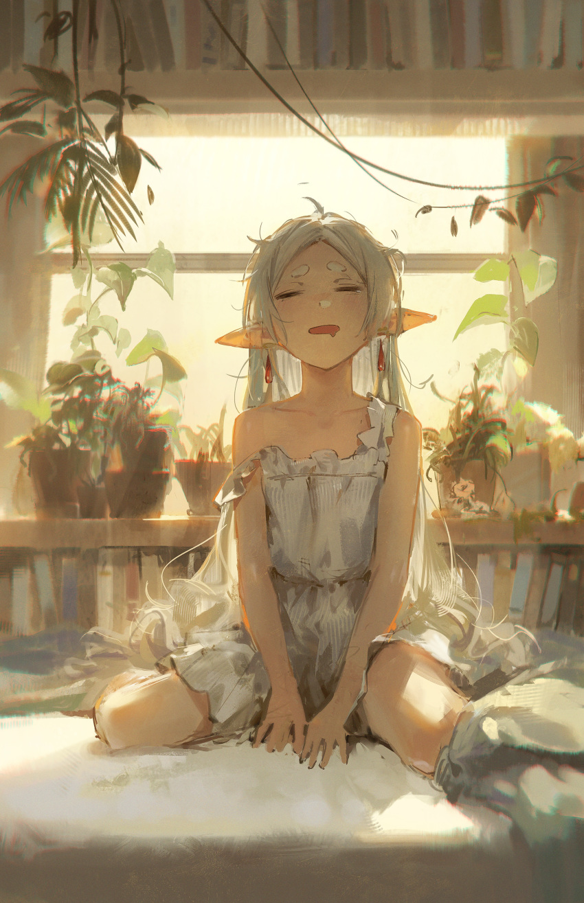 1girl absurdres backlighting bare_shoulders book bookshelf closed_eyes collarbone dino_(dinoartforame) dress drooling drop_earrings earrings flat_chest frieren grey_hair highres indoors jewelry long_hair messy_hair mouth_drool parted_bangs plant pointy_ears potted_plant sitting sleepy sleeveless sleeveless_dress solo sousou_no_frieren strap_slip very_long_hair waking_up wariza white_dress