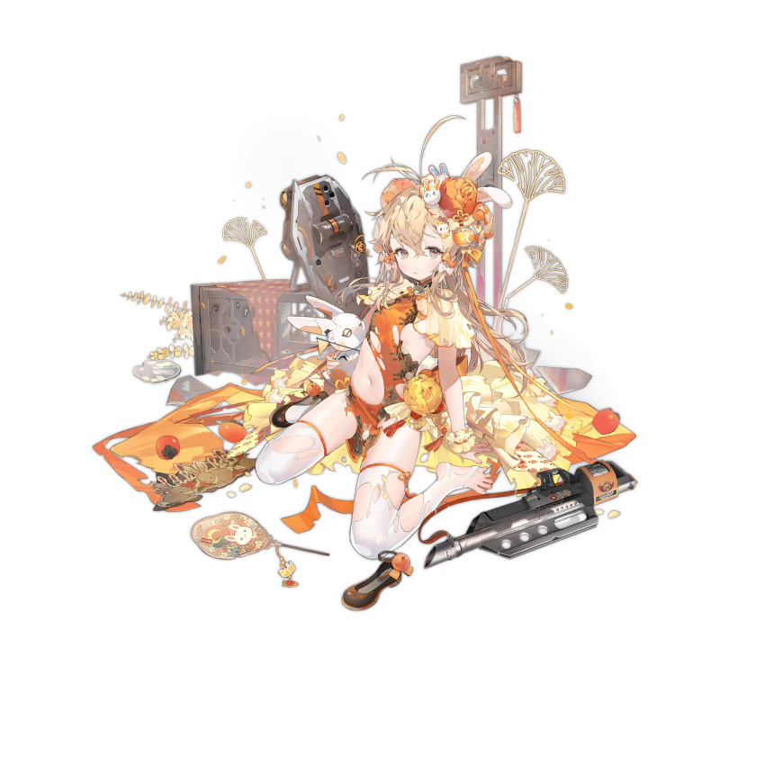 1girl animal animal_print architecture black_footwear blonde_hair blush breasts brown_eyes china_dress chinese_clothes closed_mouth dress east_asian_architecture feet flower frilled_skirt frills full_body girls'_frontline hair_between_eyes hair_flower hair_ornament hand_fan highres holding holding_animal lamp lantern long_hair looking_at_viewer mk3a1_(girls'_frontline) mk3a1_(scarlet_intoxication)_(girls'_frontline) namyo navel nightstand non-humanoid_robot object_request official_alternate_costume official_art orange_dress orange_flower pancor_jackhammer paper_lantern print_dress print_thighhighs rabbit rabbit_hair_ornament rabbit_print robot robot_animal scrunchie shield_module shoes simple_background single_shoe skindentation skirt small_breasts solo thighhighs third-party_source toenails toes tomato torn_clothes torn_dress torn_thighhighs transparent_background unworn_shoes very_long_hair weapon_on_floor white_thighhighs wrist_scrunchie