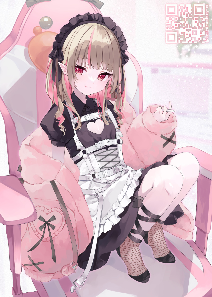 1girl absurdres apron black_dress black_headdress black_ribbon candy chair chest_harness clothing_cutout dress fishnet_socks fishnets flat_chest food full_body gaming_chair grey_hair harness heart_cutout highres jacket knees_up leg_ribbon light_blush long_hair looking_at_viewer maid maid_headdress makaino_ririmu multicolored_hair nabeniuitagomi nijisanji no_shoes off_shoulder open_clothes open_jacket pink_hair pink_jacket pointy_ears puffy_short_sleeves puffy_sleeves qr_code red_eyes ribbon short_sleeves sitting smile socks solo streaked_hair two-tone_hair two_side_up virtual_youtuber white_apron