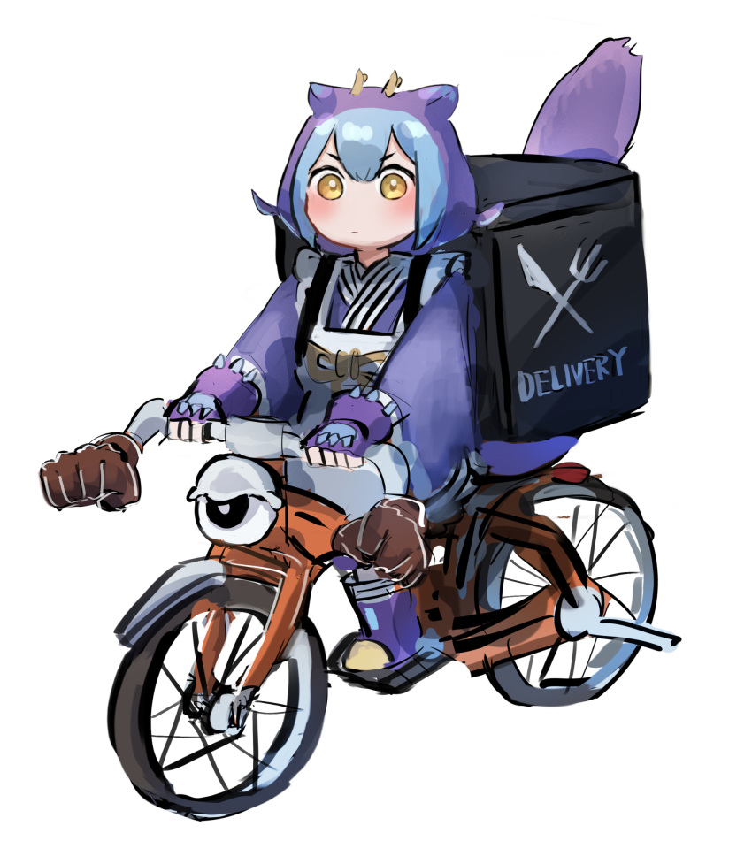 1girl apron backpack bag bicycle black_bag blue_hair cycroid delivery dragon_girl dragon_horns dragon_tail dress duel_monster food_delivery_box hatano_kiyoshi highres holding horns laundry_dragonmaid maid maid_apron multicolored_hair parody riding riding_bicycle short_hair simple_background solo tail wa_maid white_background yellow_eyes yu-gi-oh!