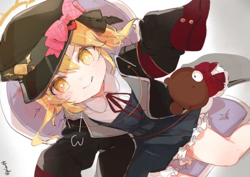1girl :p armband black_coat blonde_hair bloomers blue_archive blush bow chair coat collar cushion dress frills hair_between_eyes halo hat hat_ornament heart heart_hat_ornament highres ibuki_(blue_archive) kamono looking_at_viewer looking_up on_chair oversized_clothes peaked_cap red_armband red_bow ribbon shiny_skin simple_background sitting sleeves_past_fingers sleeves_past_wrists smile solo star-shaped_pupils star_(symbol) stuffed_animal stuffed_toy symbol-shaped_pupils teddy_bear tongue tongue_out v-shaped_eyebrows white_bloomers yellow_eyes yellow_halo
