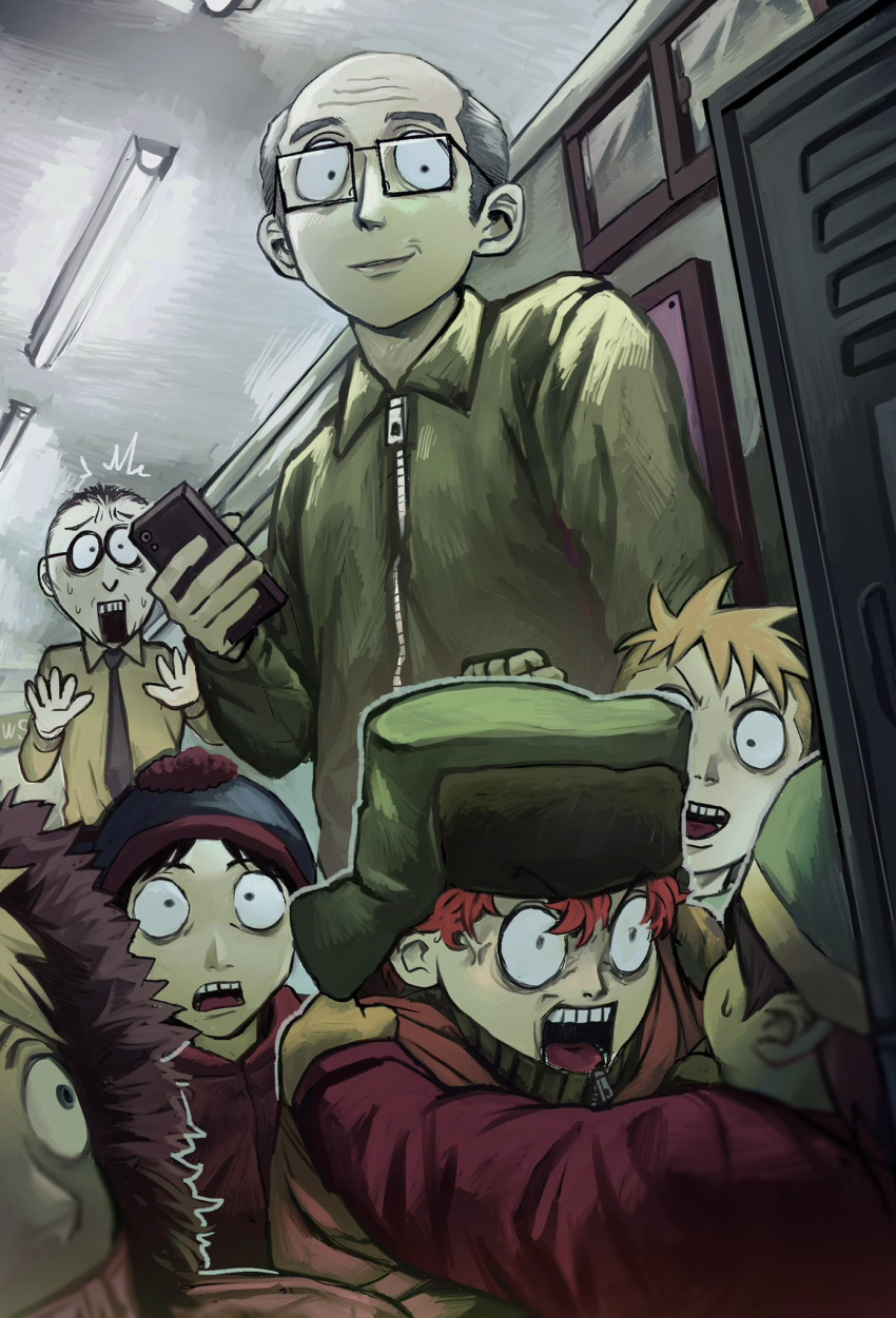 6+boys anger_vein beanie black_eyes black_hair black_necktie blonde_hair blue_headwear butters_stotch cellphone collared_shirt dlcu3w eric_cartman glasses gloves green_headwear green_jacket grey_hair hands_up hat herbert_garrison highres holding holding_phone hood hood_up indoors jacket kenny_mccormick kyle_broflovski long_sleeves mr_mackey multiple_boys necktie open_mouth orange_jacket phone red_hair red_jacket shirt short_hair smartphone smile south_park stan_marsh teeth v-shaped_eyebrows yellow_gloves yellow_shirt