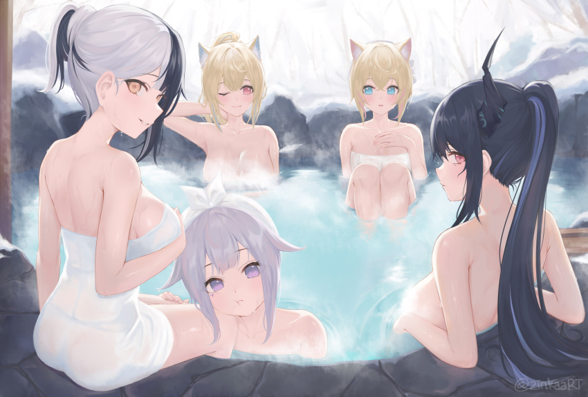 5girls :t absurdres animal_ear_fluff animal_ears black_hair black_horns blonde_hair blue_eyes blue_hair breasts cheek_press colored_inner_animal_ears commentary_request crossed_bangs dog_ears dog_girl fang fuwawa_abyssgard greyscale hair_between_eyes hair_flaps hand_on_own_chest highres holoadvent hololive hololive_english horns knees_up koseki_bijou large_breasts light_blush long_hair looking_at_viewer looking_to_the_side mococo_abyssgard mole mole_under_eye monochrome multicolored_hair multiple_girls naked_towel nerissa_ravencroft one_eye_closed onsen outdoors parted_lips partially_submerged pink_eyes pink_hair ponytail purple_eyes red_eyes rock shiori_novella short_hair short_ponytail siblings sidelocks sideways_glance sideways_mouth sisters sitting skin_fang smile snow soaking_feet split-color_hair steam streaked_hair teeth towel twins twitter_username two-tone_hair virtual_youtuber water wet wet_towel white_towel yellow_eyes zinkaa