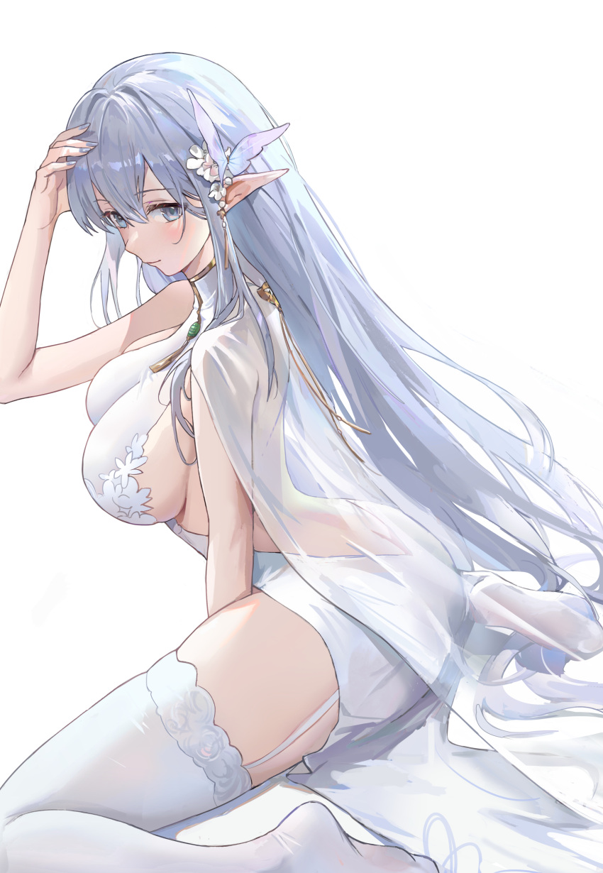 1girl absurdres albion_(azur_lane) albion_(scent_of_pring_in_the_red-pavilion)_(azur_lane) azur_lane backless_dress backless_outfit blue_eyes blue_hair breasts butterfly_hair_ornament china_dress chinese_clothes dress flower garter_straps hair_flower hair_ornament highres kuza_brs large_breasts long_hair long_pointy_ears looking_at_viewer official_alternate_costume pelvic_curtain pointy_ears see-through see-through_dress simple_background solo thighhighs very_long_hair white_background white_dress white_garter_straps white_thighhighs