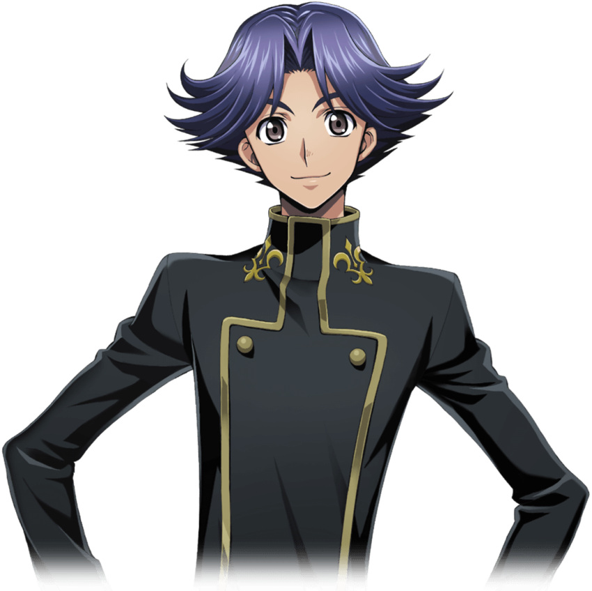 1boy artist_request black_shirt blue_hair buttons closed_mouth code_geass code_geass:_lost_stories cropped_torso game_cg grey_eyes hair_flaps hair_intakes hands_on_own_hips happy long_sleeves male_focus non-web_source official_art parted_bangs rivalz_cardemonde school_uniform shirt short_hair simple_background smile solo standing transparent_background upper_body