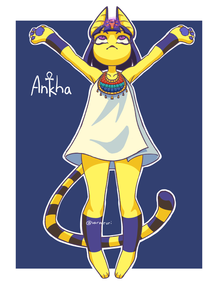 animal_crossing ankha_(animal_crossing) ankleband anthro character_name clothing domestic_cat egyptian_clothing felid feline felis female fur hi_res mammal nintendo pawpads raised_arms shirt solo topwear tunic uraeus vararuri wristband yellow_body yellow_fur