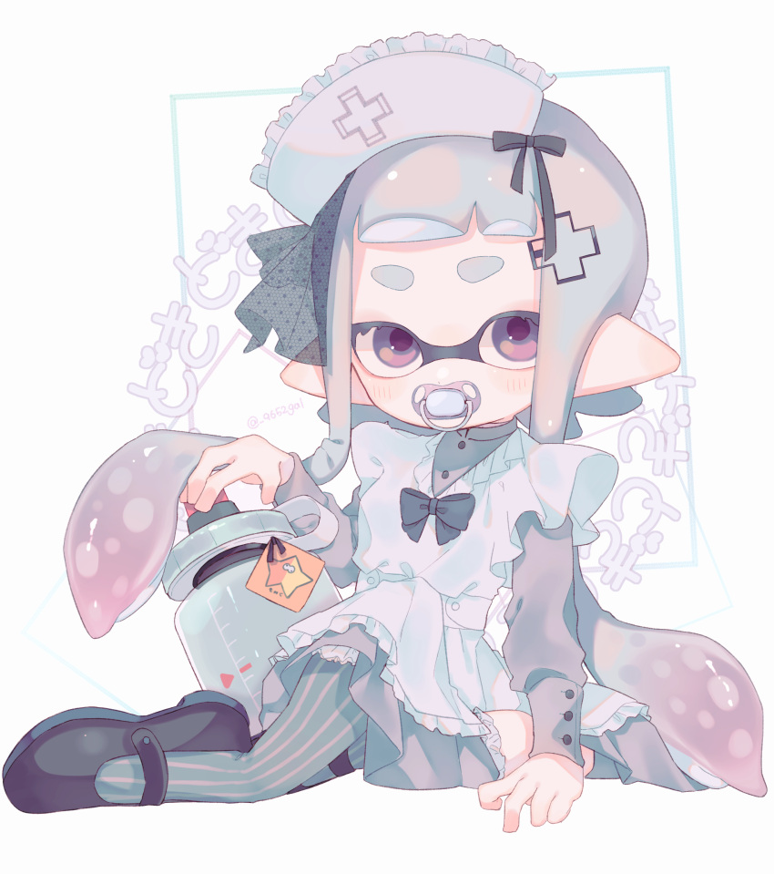 1girl apron baby_bottle bangs black_footwear bottle dress full_body grey_dress hat highres inkling inkling_girl long_sleeves maid maid_apron maid_headdress mikoshiba_m nurse_cap on_floor pacifier pointy_ears purple_eyes sitting splatoon_(series) tentacle_hair white_background white_hair