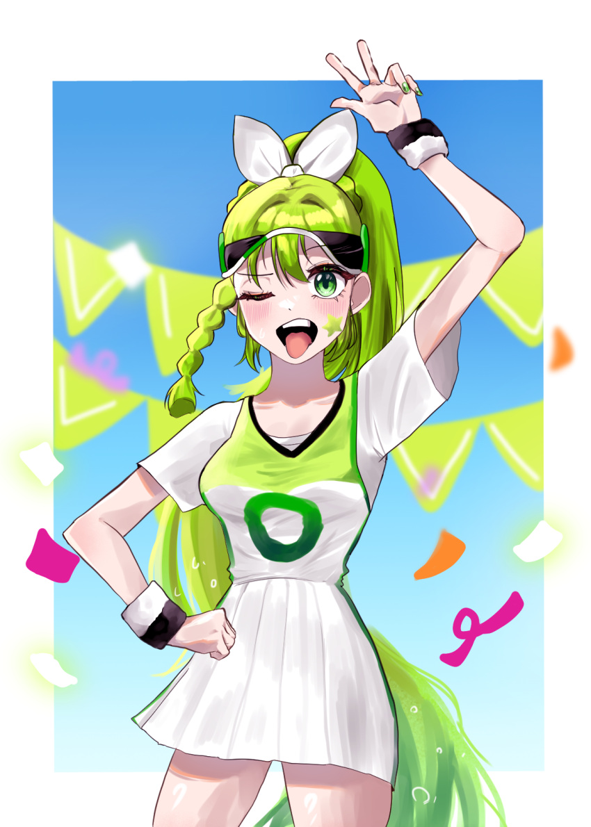1girl braid confetti cookie_run green_eyes green_hair high_ponytail highres humanization jychan_0426 lime_cookie personification ponytail single_braid skirt solo sportswear tongue white_skirt