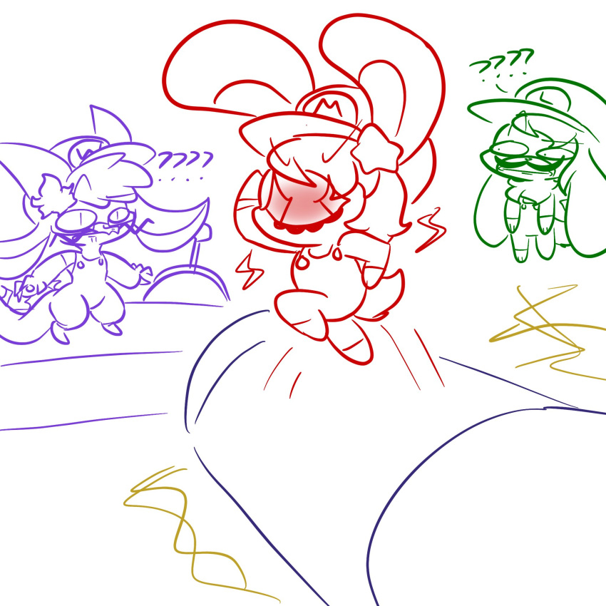 1:1 anthro canid canine canis domestic_dog dragon facial_hair female group hi_res lagomorph leporid lewdchuu_(artist) luigi male mammal mario mario_bros mario_party mustache nintendo pyon_(lewdchuu) rabbit running scut_tail short_tail star tail trio wario