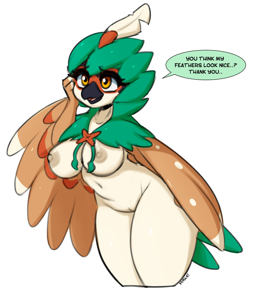 2024 amber_eyes anthro areola beak black_beak breasts brown_body brown_feathers decidueye dialogue english_text eyebrows eyelashes feathers female generation_7_pokemon genitals green_body green_feathers hand_on_cheek hi_res i_am_kat95 leaning leaning_backward nintendo nipples nude pokemon pokemon_(species) pussy solo tan_body tan_feathers text thick_thighs winged_arms wings