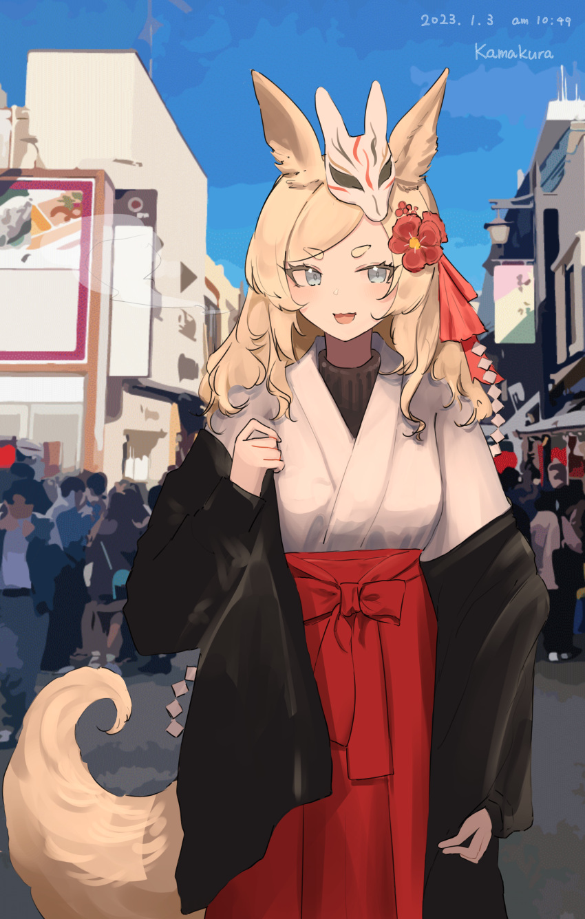 1girl 360_(taiyo360) absurdres arknights bangs black_jacket blonde_hair blue_eyes blue_sky building commentary_request day flower fox_mask hair_flower hair_ornament hakama hakama_skirt highres jacket japanese_clothes kimono long_hair long_sleeves mask mask_on_head off_shoulder open_clothes open_jacket outdoors people puffy_long_sleeves puffy_sleeves red_flower red_hakama short_eyebrows signature skirt sky sleeves_past_wrists solo_focus swept_bangs thick_eyebrows v-shaped_eyebrows whislash_(arknights) white_kimono