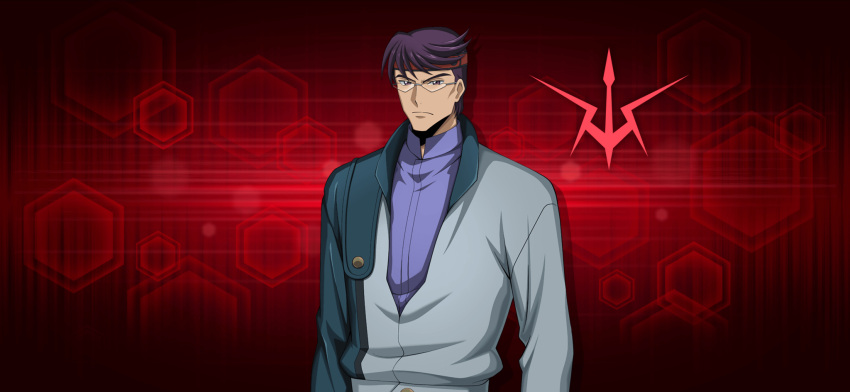 1boy arms_at_sides artist_request blue_jacket blue_shirt closed_mouth code_geass code_geass:_lost_stories drop_shadow game_cg glasses headband highres jacket logo long_sleeves looking_at_viewer male_focus minami_yoshitaka non-web_source official_art open_clothes open_jacket purple_eyes purple_hair red_background red_headband rimless_eyewear shirt short_hair solo standing swept_bangs triangular_eyewear upper_body v-shaped_eyebrows