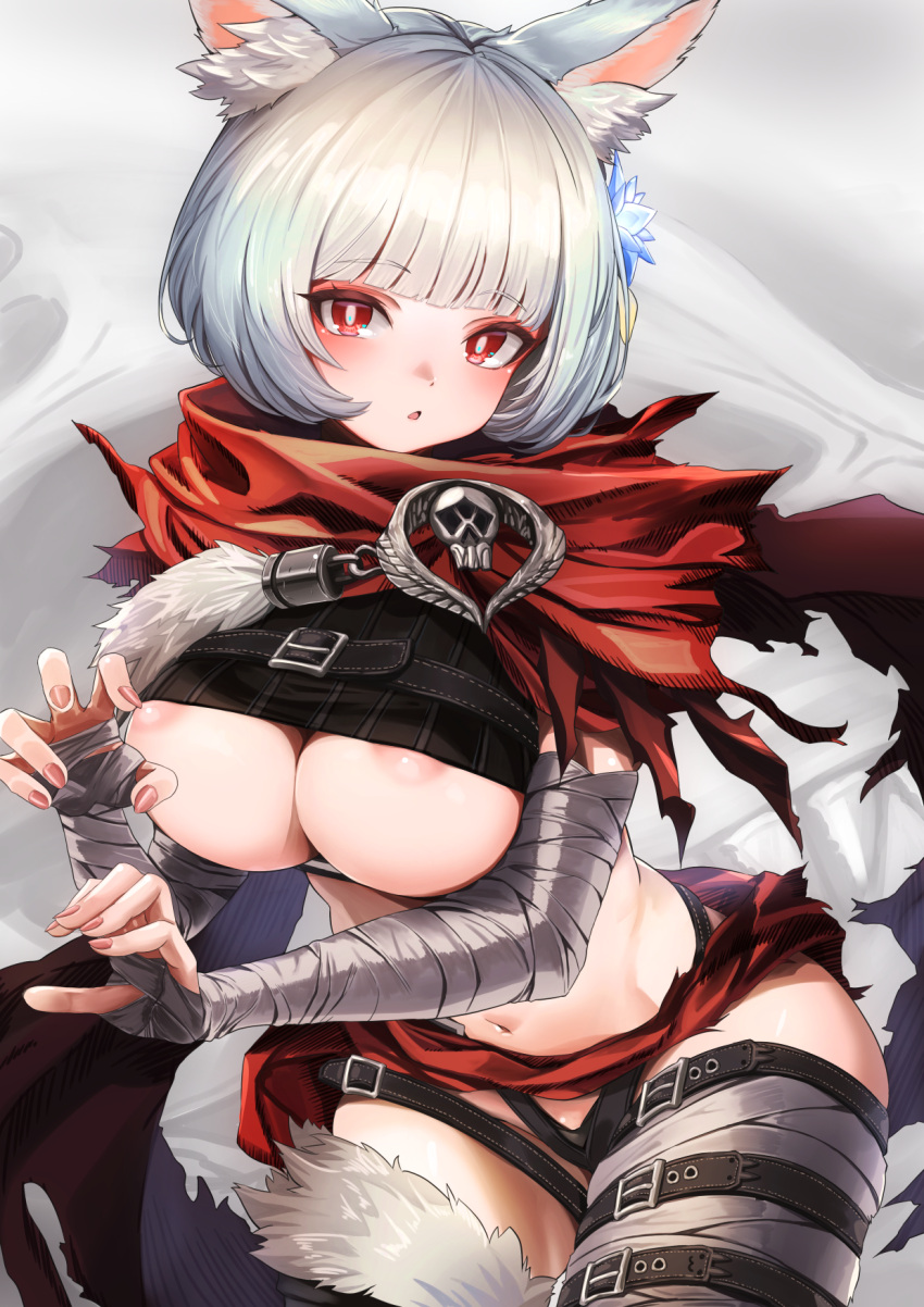 1girl animal_ear_fluff animal_ears areola_slip arm_wrap ayamo_kaoru borrowed_character breasts cat_ears highres large_breasts leaning_forward long_hair medium_hair navel neu_(purusawa) open_mouth original red_eyes red_scarf scarf solo thighhighs white_hair