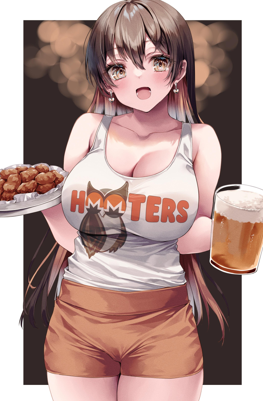 1girl absurdres alcohol beer beer_mug breasts brown_eyes brown_hair cleavage cup drink earrings food highres himegi_you holding holding_food hooters jewelry monero-chan mug original plate second-party_source solo tray