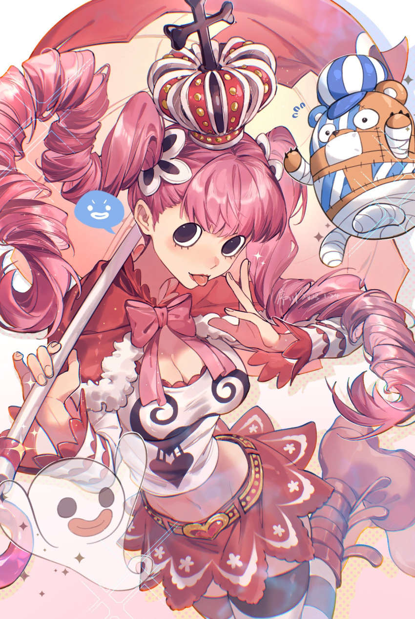 1girl black_thighhighs boots breasts cleavage cleavage_cutout clothing_cutout crown drill_hair fur-trimmed_poncho ghost heart_belt highres holding holding_umbrella jyukawa knee_boots kumacy large_breasts long_hair looking_at_viewer medium_breasts midriff navel one_piece perona pink_hair print_shirt red_footwear red_poncho red_skirt shirt skirt solo striped_clothes striped_thighhighs stuffed_animal stuffed_toy teddy_bear thighhighs tongue tongue_out twin_drills two-tone_thighhighs umbrella white_shirt white_thighhighs