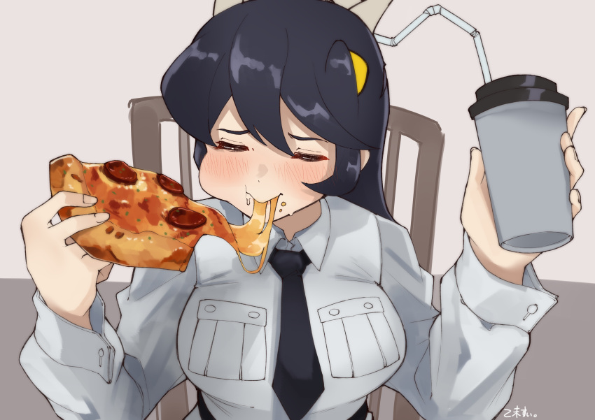 1girl absurdres black_hair blush chair closed_eyes collared_shirt cup eating filia_(skullgirls) food highres holding holding_cup necktie on_chair pizza pizza_slice samson_(skullgirls) shirt sitting skullgirls suitchi._(user_trcd4334)