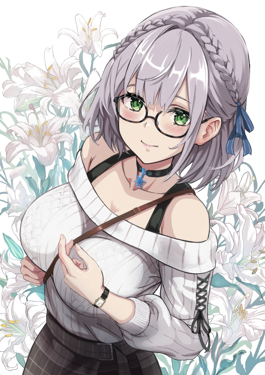 1girl absurdres between_breasts black-framed_eyewear black299nya black_choker blue_ribbon blush braid breasts brown_skirt choker closed_mouth collarbone commentary_request fingernails floral_background flower french_braid glasses green_eyes grey_hair hair_ribbon highres hololive large_breasts light_smile lily_(flower) long_fingernails long_sleeves looking_at_viewer off-shoulder_sweater off_shoulder official_alternate_costume official_alternate_hairstyle pendant_choker plaid plaid_skirt ribbed_sweater ribbon shirogane_noel shirogane_noel_(casual) short_hair skirt snowflake_pendant solo strap_between_breasts sweater sweater_tucked_in virtual_youtuber watch wristwatch
