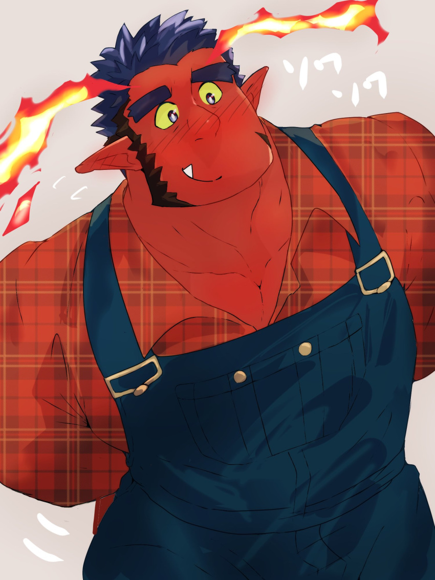 1boy aged_down astar_(live_a_hero) bara blush colored_sclera colored_skin cowboy_shot demon_boy fiery_horns forked_eyebrows highres horns huge_eyebrows kaeru333938123 live_a_hero long_sideburns male_focus muscular muscular_male mutton_chops ogre overalls pectoral_cleavage pectorals pointy_ears red_skin short_hair sideburns sideways_mouth solo square_head streaked_eyebrows tusks yellow_sclera