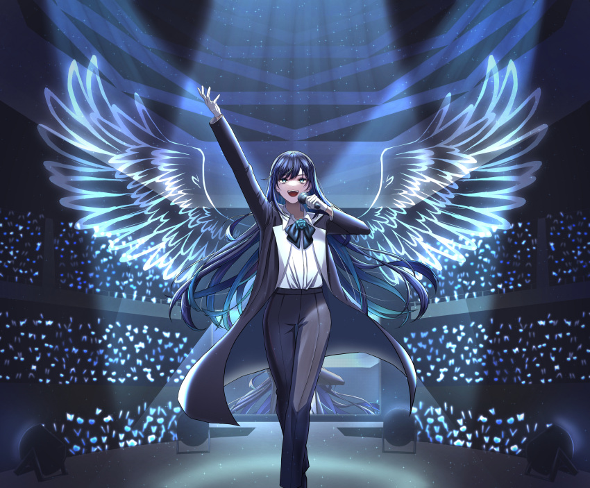 1girl :d absurdres ado_(utaite) arm_up black_bow black_bowtie black_coat black_hair black_pants black_suit blue_eyes blue_flower blue_hair blue_rose bow bowtie cloud_nine_inc coat commentary crowd feathered_wings feet_out_of_frame flower flower_brooch full_body gloves glowstick hand_up highres holding holding_microphone holographic_wings hukukame light_particles long_hair long_sleeves looking_up microphone mole mole_under_eye open_clothes open_coat open_mouth outstretched_arm pant_suit pants penlight_(glowstick) rose shirt smile solo stage stage_lights standing suit utaite walking white_gloves white_shirt wings