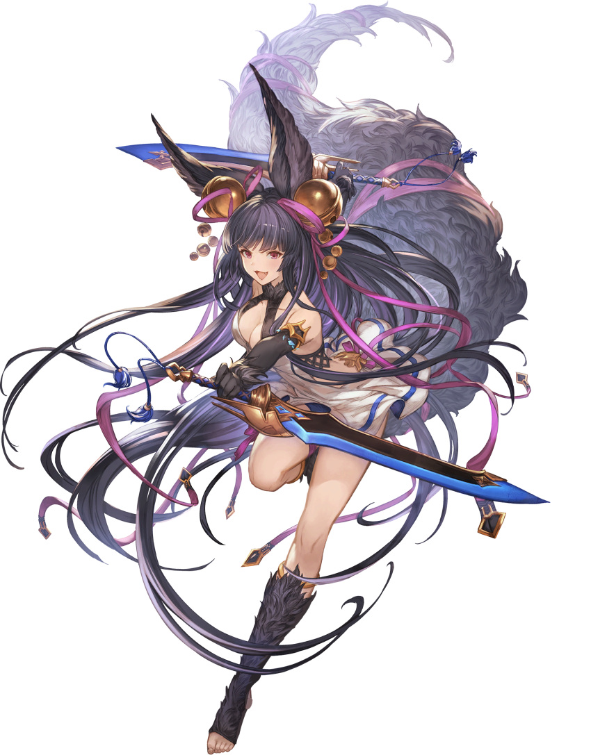 1girl absurdres animal_ears backless_outfit bare_shoulders black_hair breasts cleavage copyright_name dual_wielding erune full_body gloves granblue_fantasy granblue_fantasy_versus:_rising hair_ornament highres holding holding_sword holding_weapon long_hair minaba_hideo official_art purple_eyes solo sword tail toeless_legwear transparent_background weapon