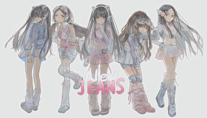 5girls adjusting_eyewear animal_ear_headphones animal_ears animification arms_behind_back asymmetrical_legwear backpack bag belt bike_shorts black_eyes black_hair blunt_bangs blush brown_eyes brown_hair cable cat_ear_headphones catzz collared_shirt copyright_name cropped_shirt danielle_(newjeans) detached_pants detached_sleeves everyone fake_animal_ears fingerless_gloves floating_hair frown gloves goggles goggles_on_head grey_background grey_belt grey_footwear grey_gloves grey_jacket grey_leg_warmers grey_shorts grey_skirt grey_socks haerin_(newjeans) hand_in_own_hair hand_on_eyewear hand_on_own_cheek hand_on_own_face hanni_(newjeans) headphones highres holding_own_arm hyein_(newjeans) jacket juliet_sleeves k-pop knee_pads kneehighs leaning_forward long_hair long_sleeves looking_at_viewer looking_back low_twintails midriff_peek minji_(newjeans) mismatched_legwear multiple_girls navel newjeans parted_bangs parted_lips pink_footwear pink_leg_warmers pink_shirt pink_skirt ponytail puffy_sleeves real_life ribbon scouter shirt shoes shorts sidelocks skirt sleeveless sleeveless_shirt smile sneakers socks star_(symbol) striped_clothes striped_thighhighs stuffed_animal stuffed_rabbit stuffed_toy thighhighs track_jacket twintails very_long_hair white_footwear white_ribbon white_shirt white_shorts