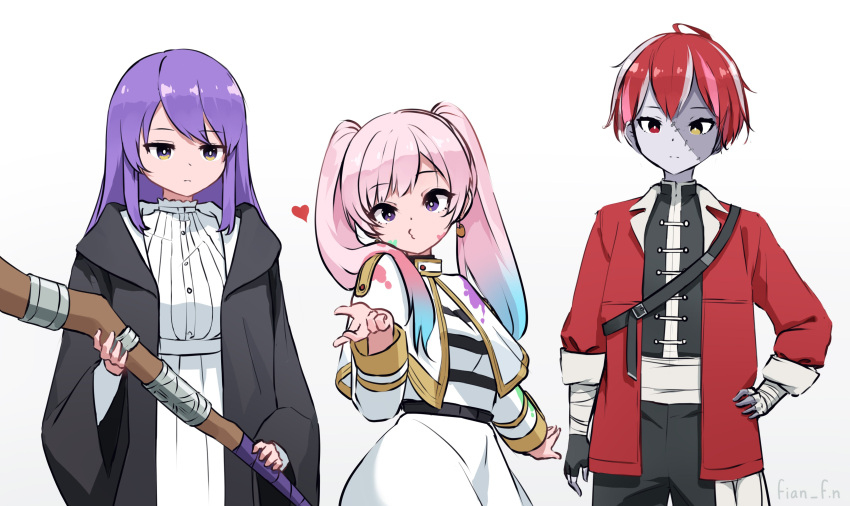 3girls absurdres airani_iofifteen alternate_costume alternate_hair_length alternate_hairstyle blowing_kiss cosplay fern_(sousou_no_frieren) fern_(sousou_no_frieren)_(cosplay) fian_f.n frieren frieren_(cosplay) heterochromia highres holding holding_staff hololive hololive_indonesia kureiji_ollie long_hair moona_hoshinova multicolored_eyes multicolored_hair multiple_girls purple_hair red_eyes red_hair short_hair sousou_no_frieren staff stark_(sousou_no_frieren) stark_(sousou_no_frieren)_(cosplay) streaked_hair twintails yellow_eyes zombie
