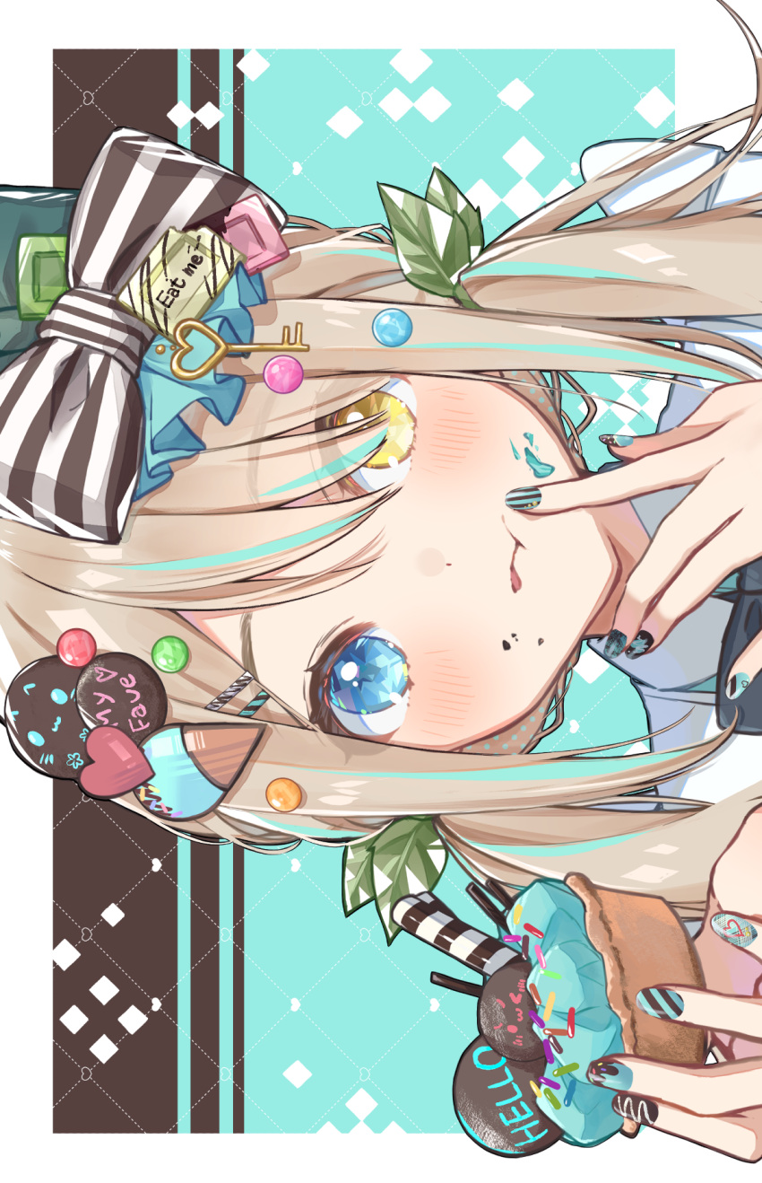 1girl blue_eyes bow chocolate_mint collared_shirt commentary eat_me english_text food food-themed_hair_ornament food_writing hair_ornament hairclip heterochromia highres holding holding_food ice_cream ice_cream_hair_ornament key_hair_ornament leaf_hair_ornament low_twintails mayu-mayu1026 mint_hair_ornament nail_art original patterned_background shirt sideways solo sprinkles striped striped_bow striped_nails twintails wafer_stick yellow_eyes