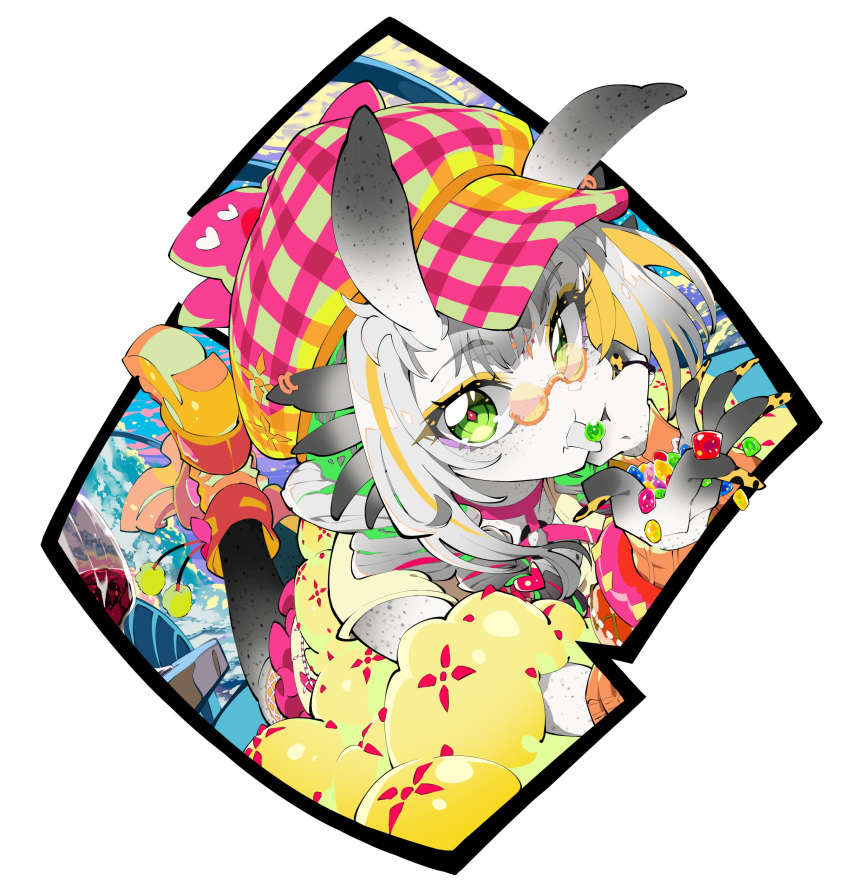 1girl absurdres candy diamond-shaped_pupils diamond_(shape) eating enouchi_ai feet_up food freckles green_eyes grey_hair highres indie_virtual_youtuber jorunnav looking_at_viewer nail_polish plaid_headwear polka_dot_nails portrait sea_slug_girl second-party_source shoes solo symbol-shaped_pupils virtual_youtuber yellow_footwear