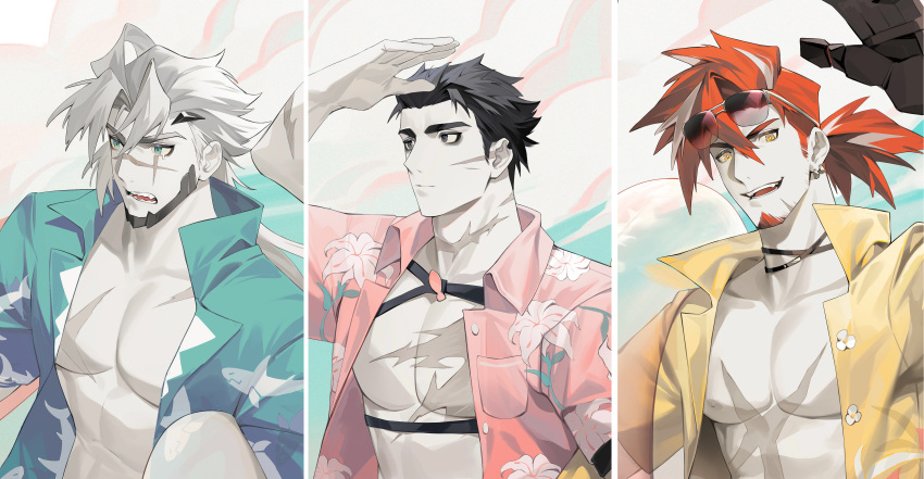 3boys absurdres alchemy_stars alternate_costume bara bare_pectorals barton_(alchemy_stars) black_hair chest_harness earrings expressionless gloves hand_up harness hawaiian_shirt high_ponytail highres jewelry looking_ahead male_focus multiple_boys muscular muscular_male pectoral_cleavage pectorals pink_shirt pittman_(alchemy_stars) prosthesis prosthetic_arm scar scar_on_cheek scar_on_chest scar_on_face shirt short_hair sideburns sinsa_(alchemy_stars) solid_beard white_hair yaoyaore