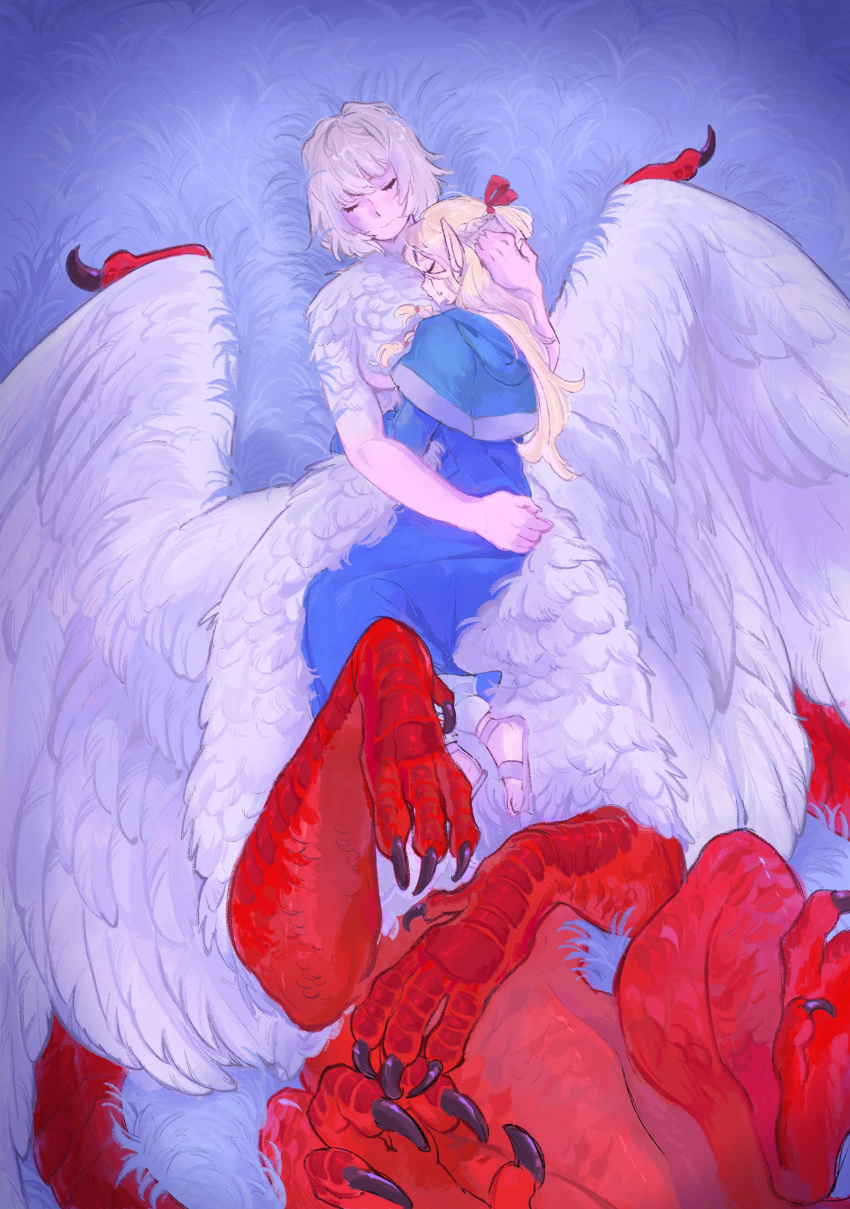 2girls absurdres blonde_hair centauroid chimera claws closed_eyes cuddling dungeon_meshi elf falin_thorden falin_thorden_(chimera) feathered_wings feathers grey_hair highres hug marcille_donato multiple_girls pointy_ears robe sandals scales sleeping tanukimo_imo taur white_feathers wings yuri