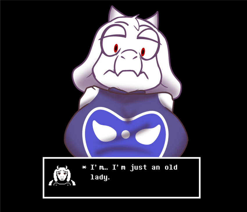 big_breasts boss_monster bovid breasts caprine clothing female hi_res horn karkrx23 mammal narrowed_eyes purple_clothing solo text_box toriel undertale undertale_(series) white_body