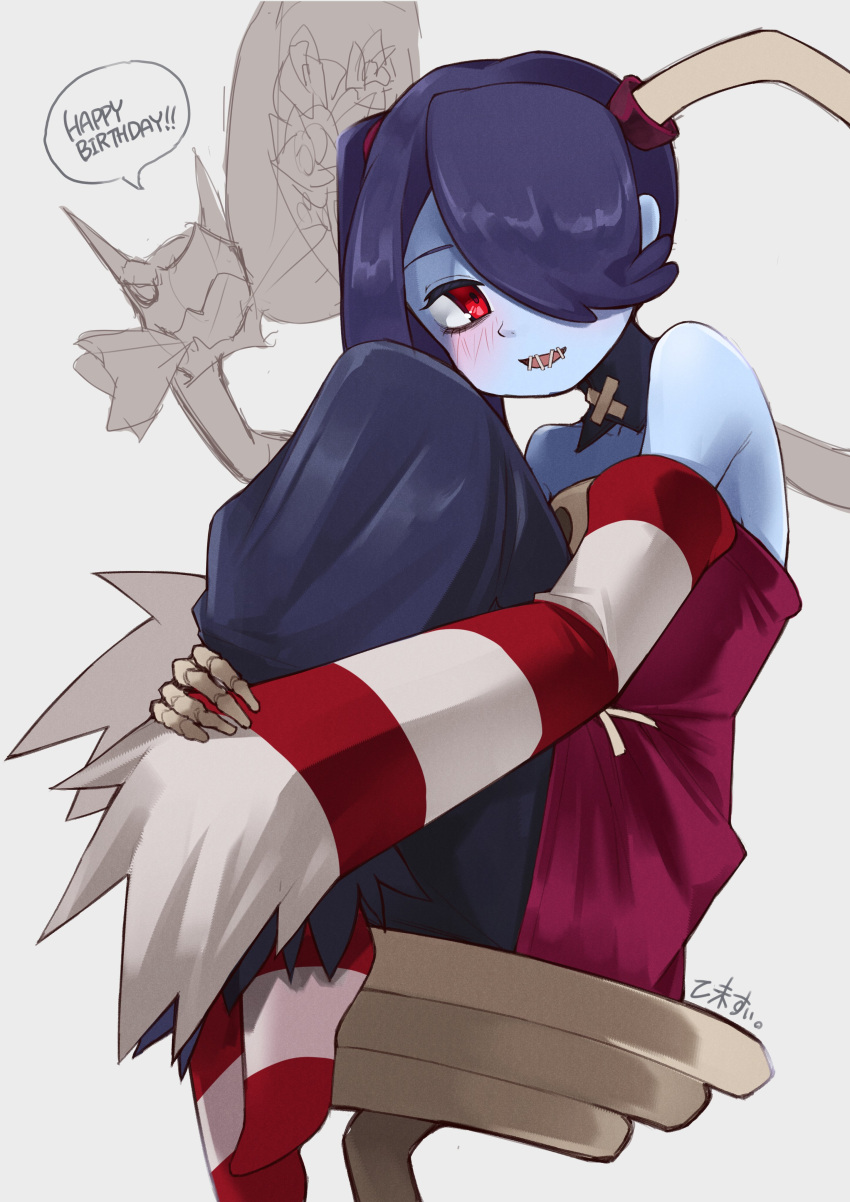 1girl absurdres blue_skin blush colored_skin dress english_text hair_over_one_eye happy_birthday highres leviathan_(skullgirls) object_through_head red_eyes skullgirls smile solo squigly_(skullgirls) stitched_mouth stitches striped_clothes suitchi._(user_trcd4334)