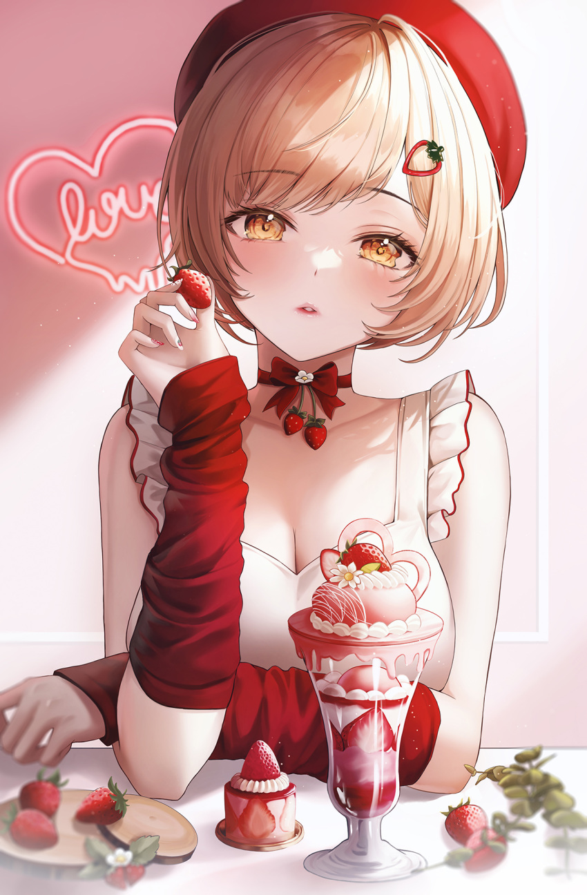 1girl bangs bare_shoulders beret blonde_hair blurry blush bow bowtie breasts cheesecake choker cleavage collarbone commentary day detached_sleeves food frilled_shirt frills fruit hat heart highres holding ice_cream indoors kottungyang large_breasts light_particles long_sleeves looking_at_viewer original puckered_lips red_bow red_choker red_headwear red_nails red_sleeves shirt short_hair sleeveless sleeveless_shirt solo strawberry sundae sunlight swept_bangs symbol-only_commentary table upper_body white_shirt yellow_eyes